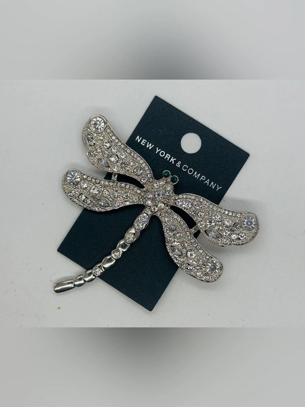 New York Company Silver Tone Crystal Dragonfly Brooch Pin Green Rhinestone Y2K
